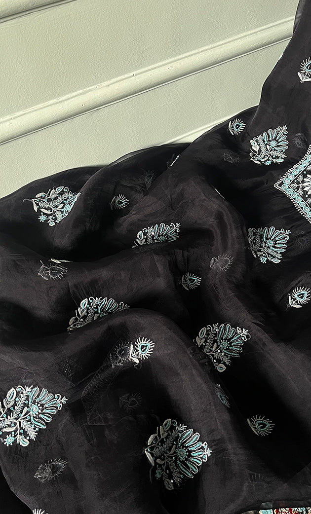 Women's Lakhnavi Handcrafted Pure Organza Chikankari Unstitched Kurta And Dupatta Set- HONC0311244