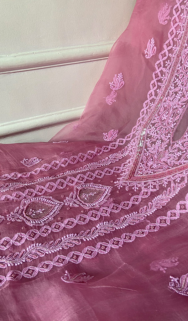 Women's Lakhnavi Handcrafted Pure Organza Chikankari Unstitched Kurta And Dupatta Set- HONC0324982