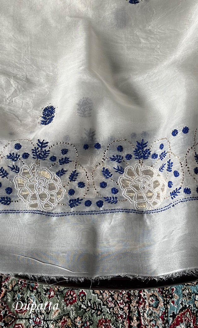Women's Lakhnavi Handcrafted Pure Organza Chikankari Unstitched Kurta And Dupatta Set- HONC0322163