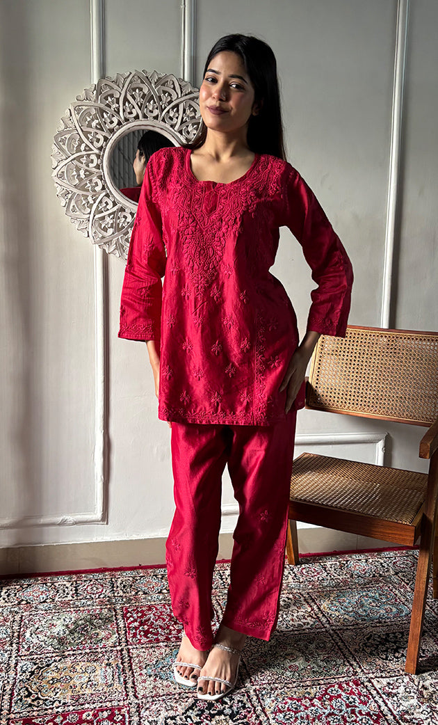 Imara Women's Lakhnavi Handcrafted Chanderi Silk Chikankari Top And Pant Set - HONC0340435