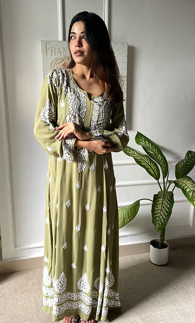 Women's Lucknowi Handcrafted Modal Cotton Chikankari Anarkali Dress - HONC0303897