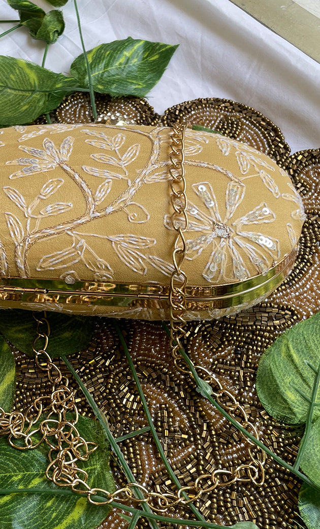 Golden Chikankari Embroidered Clutch with Stone Knob - HONC0263122