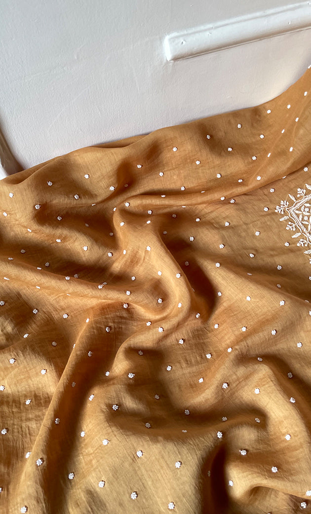 Women's Lakhnavi Handcrafted Mul Chanderi Unstitched Chikankari Full Suit Material - HONC0305480