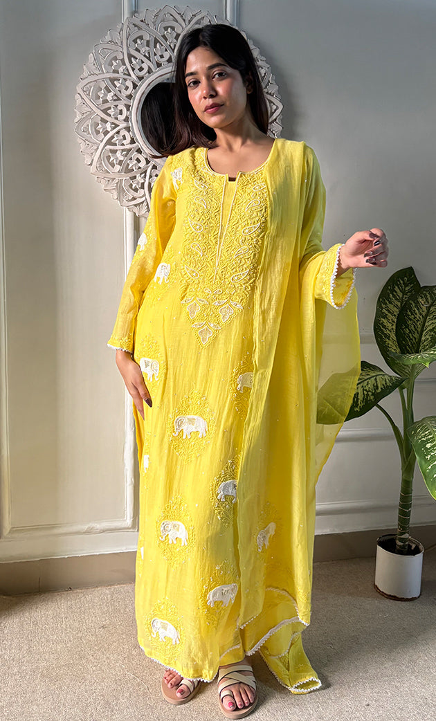 Women's Lakhnavi Handcrafted Mul Chanderi Chikankari Stitched Kurta, Dupatta And Pant Set - HONC0295595