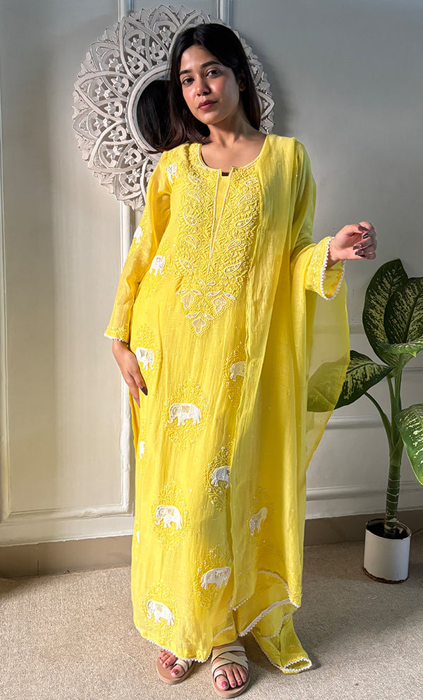 Women's Lakhnavi Handcrafted Mul Chanderi Chikankari Stitched Kurta, Dupatta And Pant Set - HONC0295595