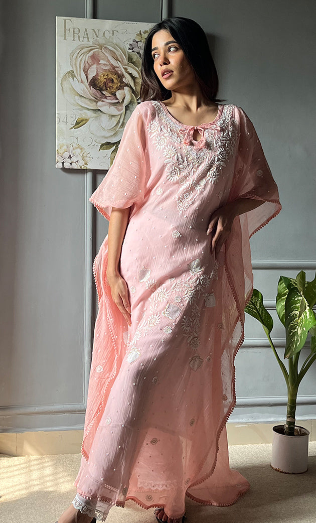Rabia Women's Lucknowi Handcrafted Mul chanderi  Chikankari Kaftan - HONC0305457