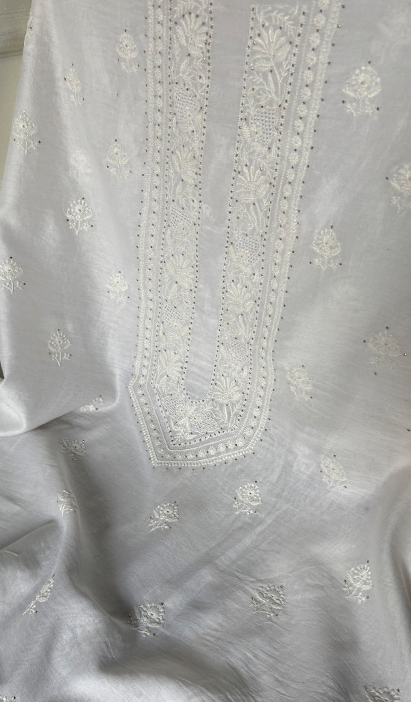 Women's Lucknowi Handcrafted Chanderi Silk Unstitched Chikankari Kurta and Dupatta Set- HONC0276223