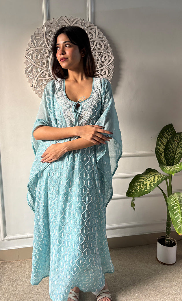 Rabia Women's Lucknowi Handcrafted Mul chanderi Chikankari Kaftan - HONC0326233