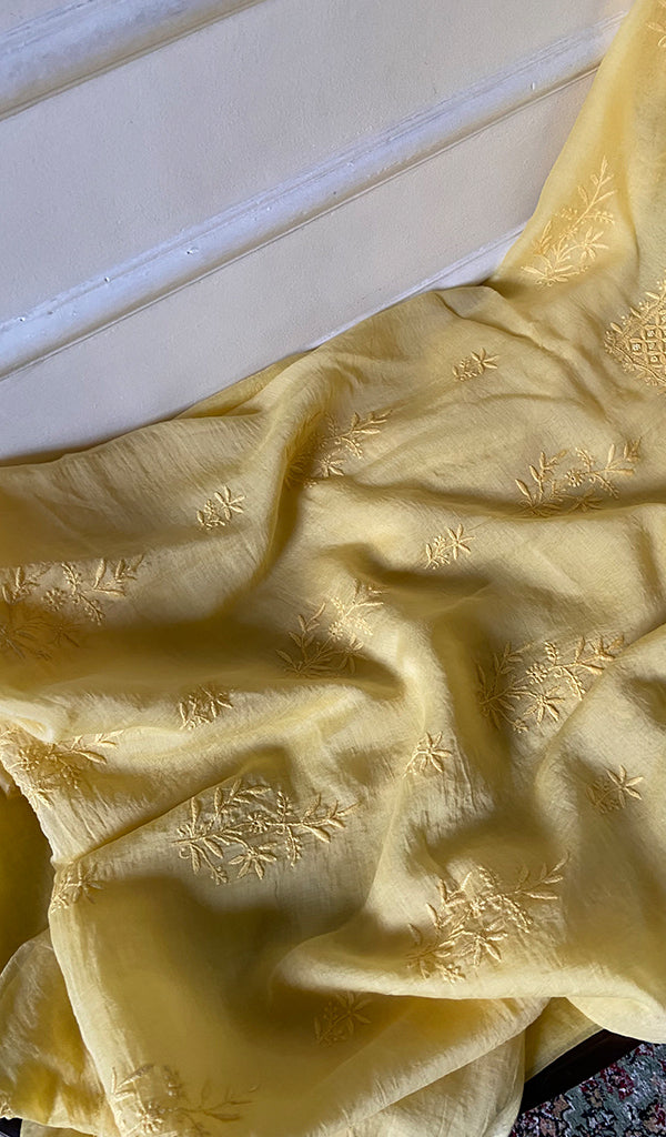 Women's Lakhnavi Handcrafted Mul Chanderi Unstitched Chikankari Full Suit Material - HONC0345051