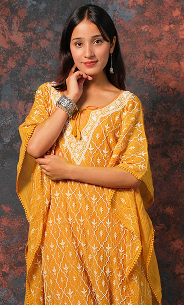 Rabia Women's Lucknowi Handcrafted Mul chanderi Chikankari Kaftan - HONC0312013