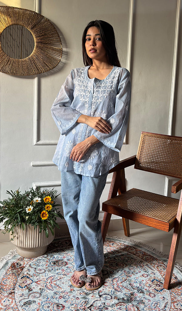 Vaanya Women's Lakhnavi Handcrafted Mul Chanderi Chikankari Top - HONC0334148