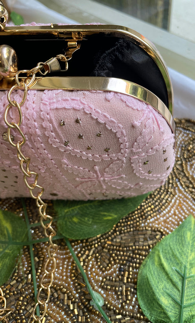 White Handcrafted Chikankari Clutch with Golden Chain - HONC0232419