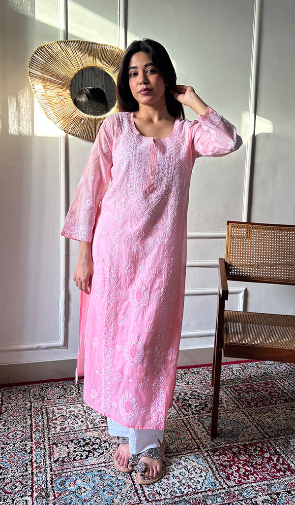 Arezo Women's Lakhnavi Handcrafted Mul Chanderi Chikankari Kurti - HONC0357548
