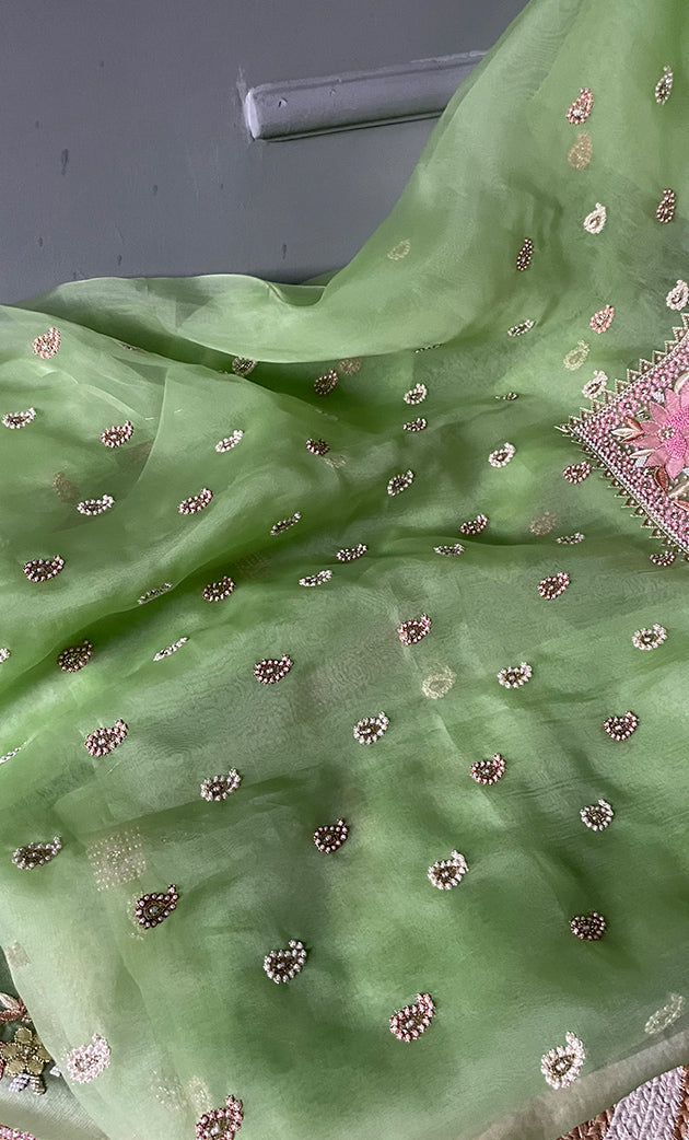 Women's Lakhnavi Handcrafted Pure Organza  Silk Chikankari Unstitched Full Suit Material - HONC0267226