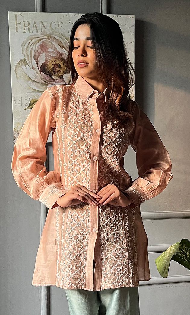 Afifa Women's Lakhnavi Handcrafted Chanderi Silk Chikankari Top And Pant Set - HONC0307943