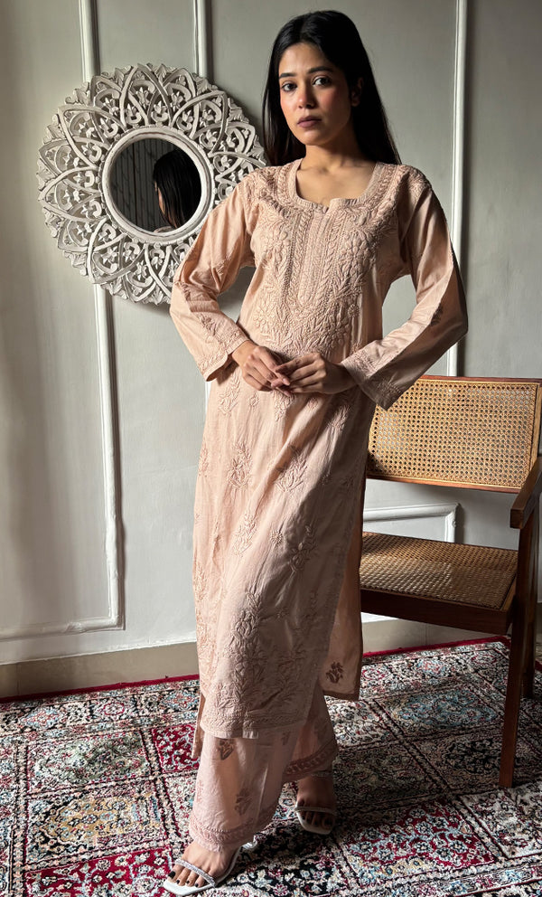 Women's Lakhnavi Handcrafted Cotton Chikankari Kurta And Palazzo Set - HONC0320564