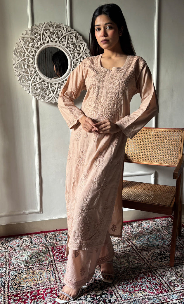 Women's Lakhnavi Handcrafted Cotton Chikankari Kurta And Palazzo Set - HONC0320564