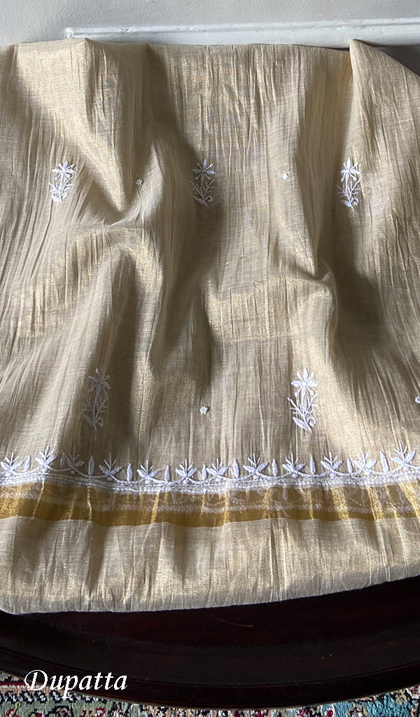Women's Lakhnavi Handcrafted Tissue Chanderi Unstitched Chikankari Kurta And Dupatta Set - HONC0366822
