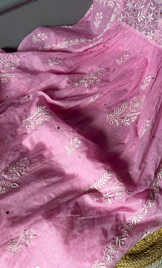 Women's Lakhnavi Handcrafted Mul Chanderi Semi - Stitched Angrakha And Dupatta Set- HONC0281944