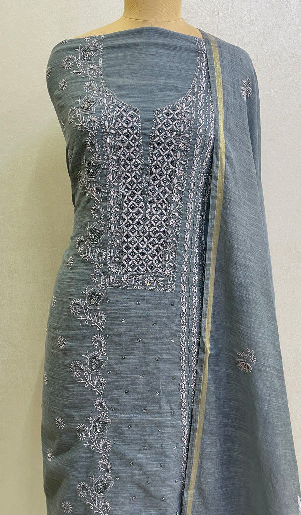 Women's Lakhnavi Handcrafted Chanderi Silk Chikankari Full Suit Material - HONC0126254