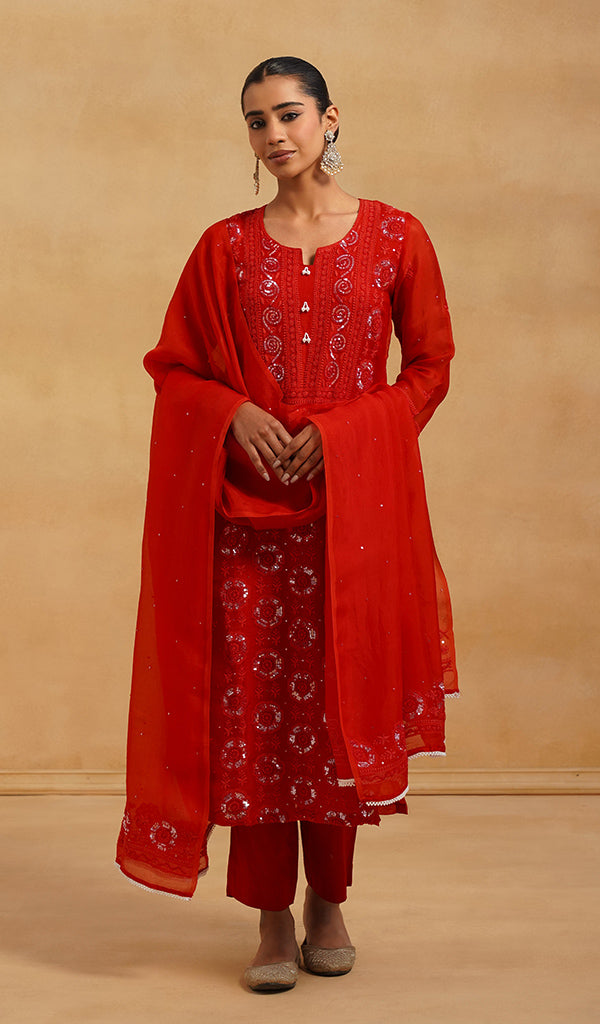 Women's Lucknowi Handcrafted Pure Organza Silk Stitched Chikankari Kurta, Dupatta With Pant Set- HONC0561978