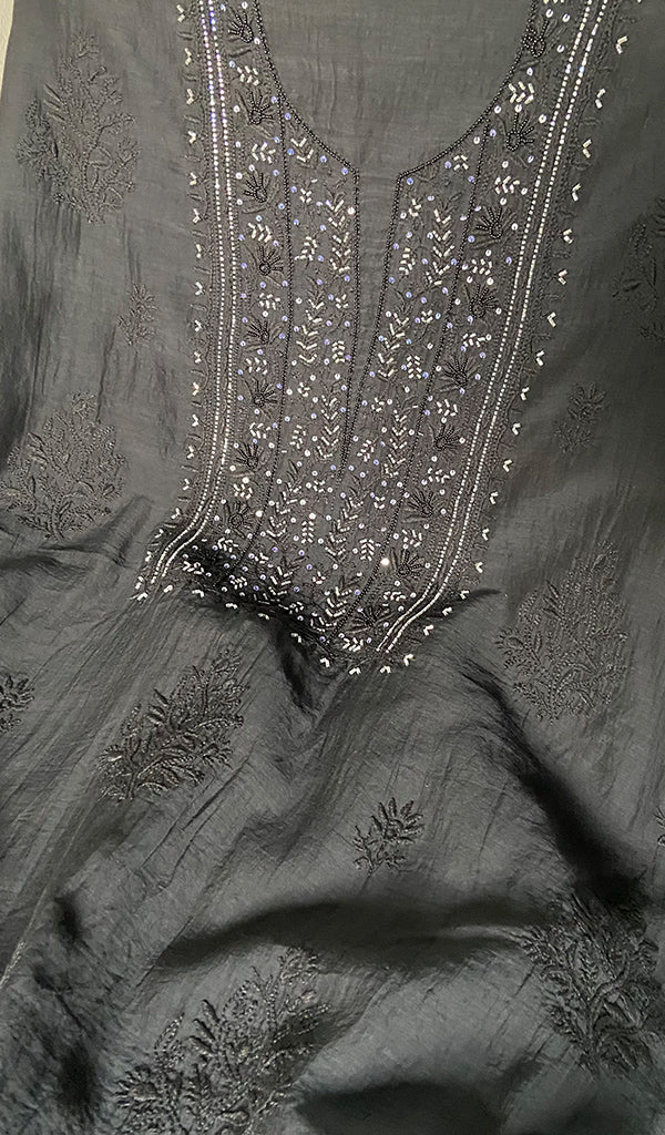 Women's Lakhnavi Handcrafted Mul Chanderi Unstitched Chikankari Full Suit Material - HONC0345041
