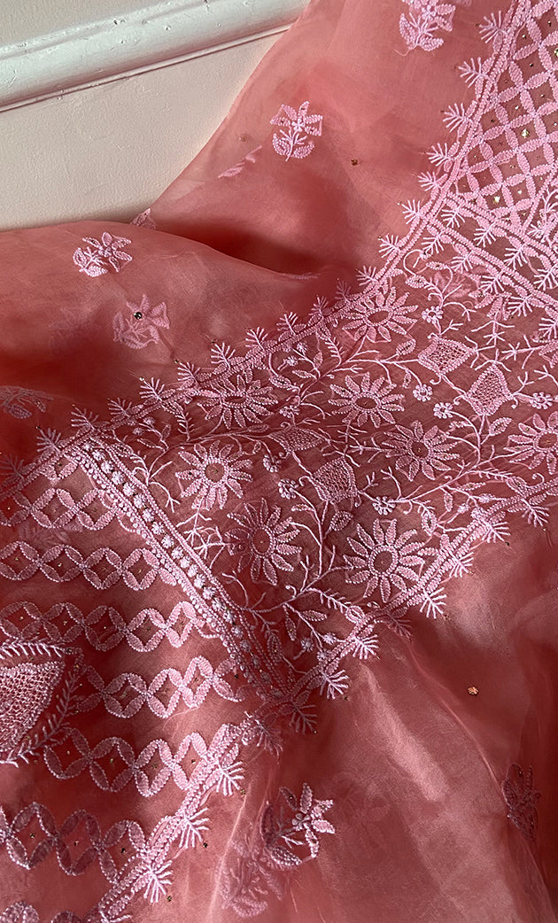 Women's Lakhnavi Handcrafted Pure Organza Chikankari Unstitched Kurta And Dupatta Set- HONC0266926