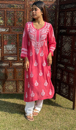 Load image into Gallery viewer, Women&#39;s Lucknowi Handcrafted Muslin Chikankari Kurti - HONC0209837
