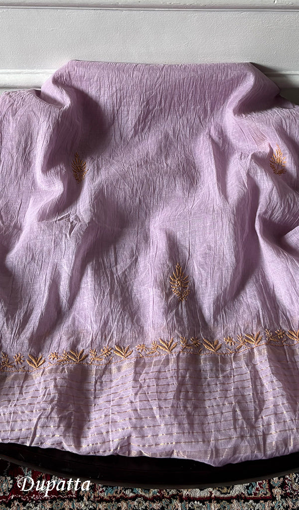 Women's Lakhnavi Handcrafted Chanderi Silk Unstitched Chikankari Full Suit - HONC0351091