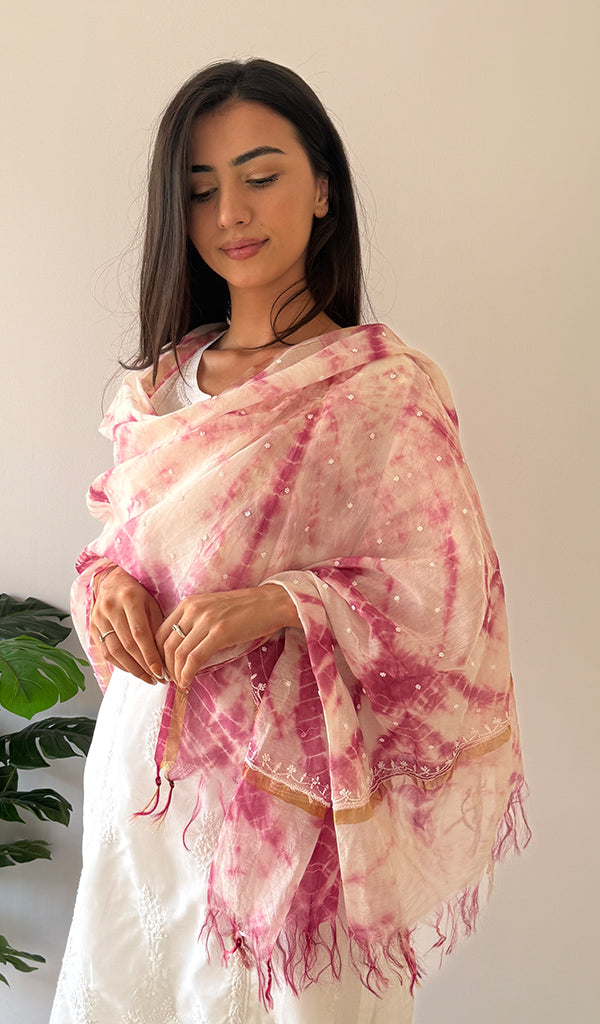 Women's Lakhnavi Handcrafted Mul Chanderi Chikankari Dupatta - HONC0320020
