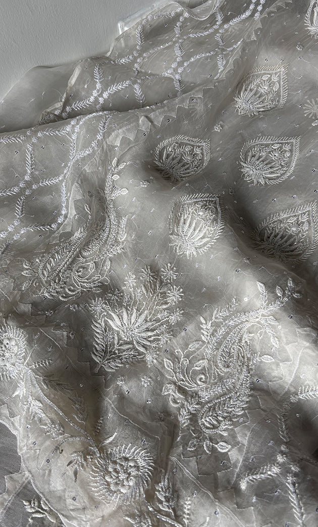 Women's Lakhnavi Handcrafted Pure Organza Chikankari Semi - stitched Kurta And Dupatta Set- HONC0322186