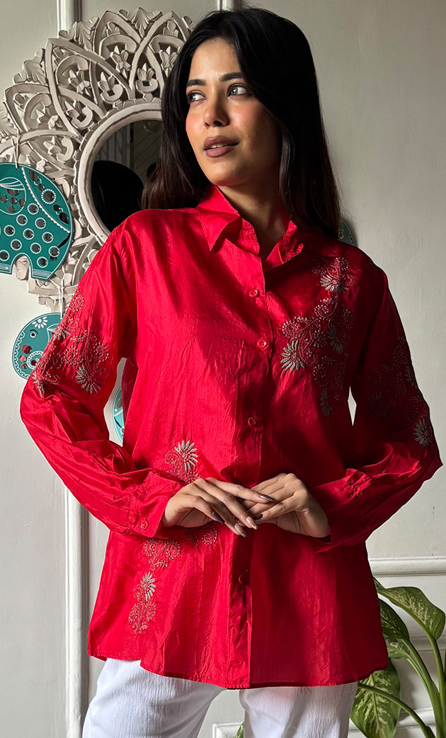 Arohi Women's Lakhnavi Handcrafted Pure Manglore silk Shirt with fine Chikankari - HONC0306916