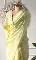 将图像加载到图库查看器中， Women's Lakhnavi Handcrafted Pure Silk Georgette Chikankari Saree - HONC0330946