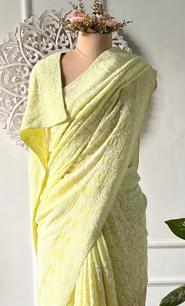 Women's Lakhnavi Handcrafted Pure Silk Georgette Chikankari Saree - HONC0330946