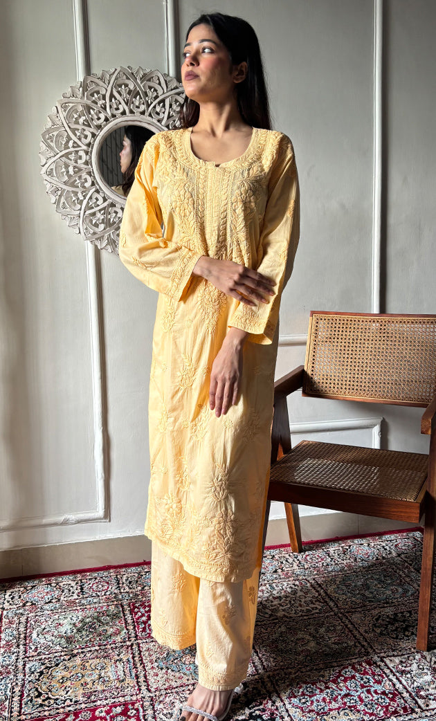 Women's Lakhnavi Handcrafted Cotton Chikankari Kurta And Palazzo Set - HONC0286935