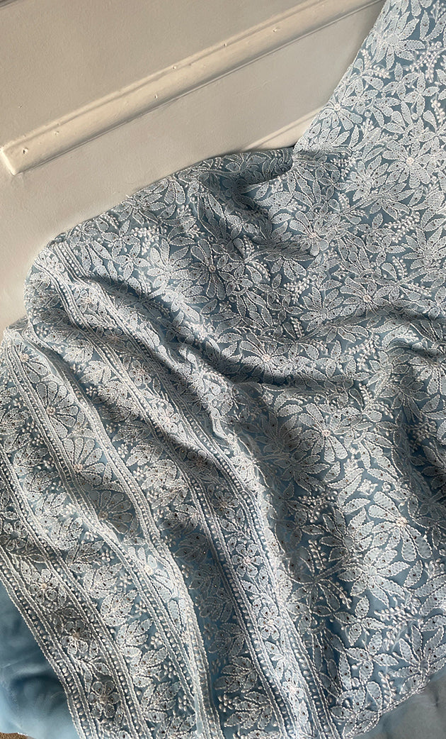 Women's Lakhnavi Handcrafted Unstitched Faux-Georgette Chikankari Suit Material - HONC0263365