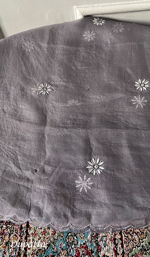 Women's Lakhnavi Handcrafted Pure Organza Chikankari Unstitched Kurta And Dupatta Set- HONC0335082