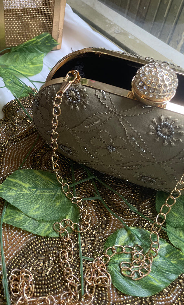 Olive Green Embroidered Clutch with Golden Crystal Clasp - HONC0313597