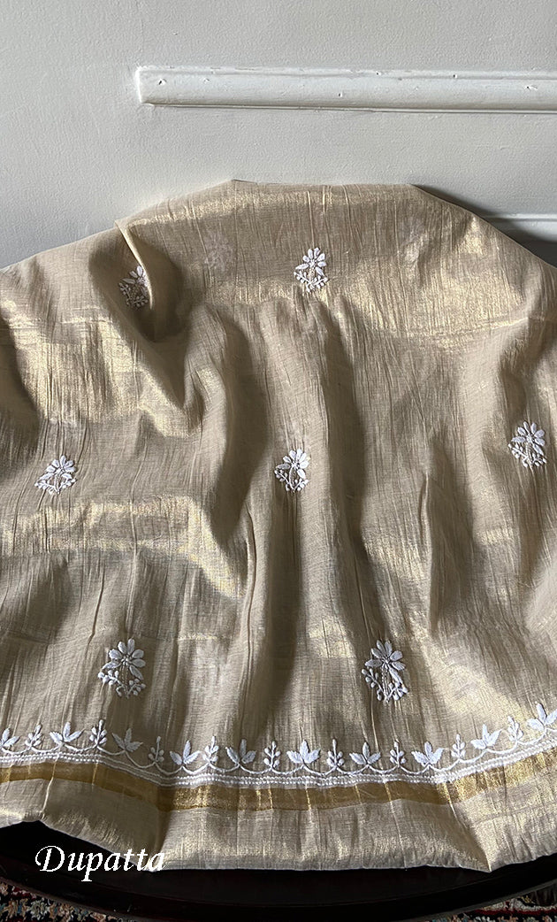 Women's Lakhnavi Handcrafted Tissue Chanderi Unstitched Chikankari Kurta And Dupatta Set - HONC032400