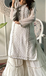 Load image into Gallery viewer, Women's Lakhnavi Handcrafted Mul Chanderi Chikankari Stitched Kurta, Dupatta And Gharara Set - HONC0324079