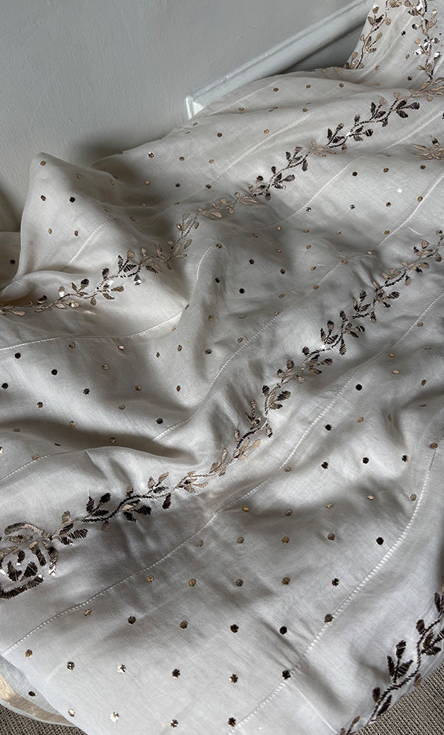 Women's Lakhnavi Handcrafted Mul Chanderi Semi - stitched Kurta And Dupatta Set- HONC0321822