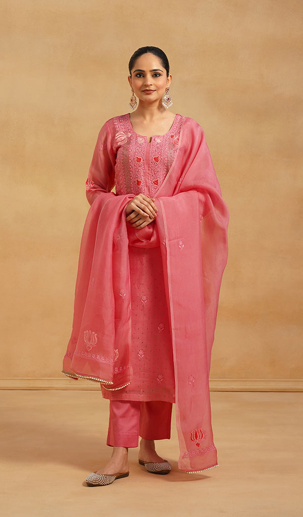 Women's Lucknowi Handcrafted Pure Organza Silk Stitched Chikankari Kurta, Dupatta With Pant Set- HONC0786058