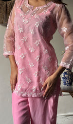 Load image into Gallery viewer, Women's Lucknowi Handcrafted Organza  Stitched Chikankari Kurta And Plazzo Set