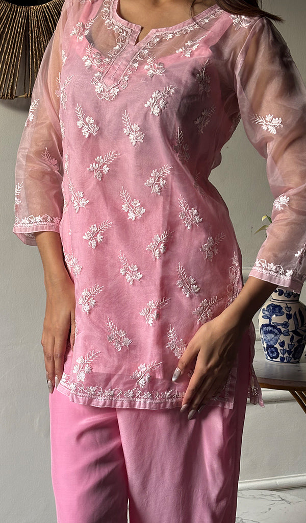 Women's Lucknowi Handcrafted Organza  Stitched Chikankari Kurta And Plazzo Set