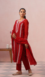 Load image into Gallery viewer, Saziya Women's Lakhnavi Handcrafted Mul Chanderi Chikankari Stitched Kurta, Dupatta And Pant Set - HONC0854621