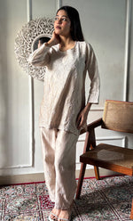 Load image into Gallery viewer, Imara Women's Lakhnavi Handcrafted Chanderi Silk Chikankari Top And Pant Set - HONC0340437
