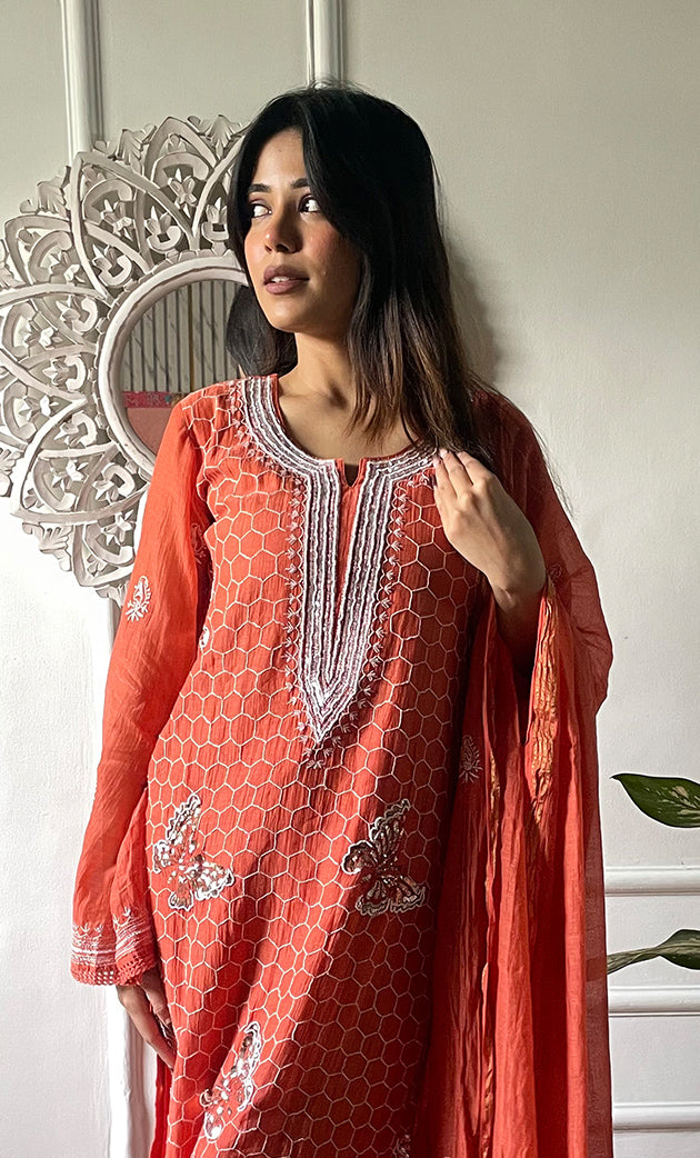 Women's Lakhnavi Handcrafted Mul Chanderi Chikankari Stitched Kurta, Dupatta And Pant Set - HONC0332155