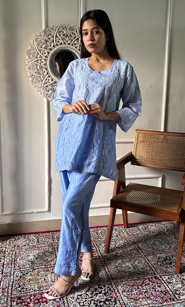 Imara Women's Lakhnavi Handcrafted Chanderi Silk Chikankari Top And Pant Set - HONC0340436