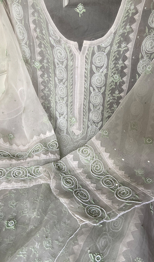 Women's Lucknowi Handcrafted Pure Organza Silk Chikankari Semi- stitched Kurta Dupatta Set- HONC0363193