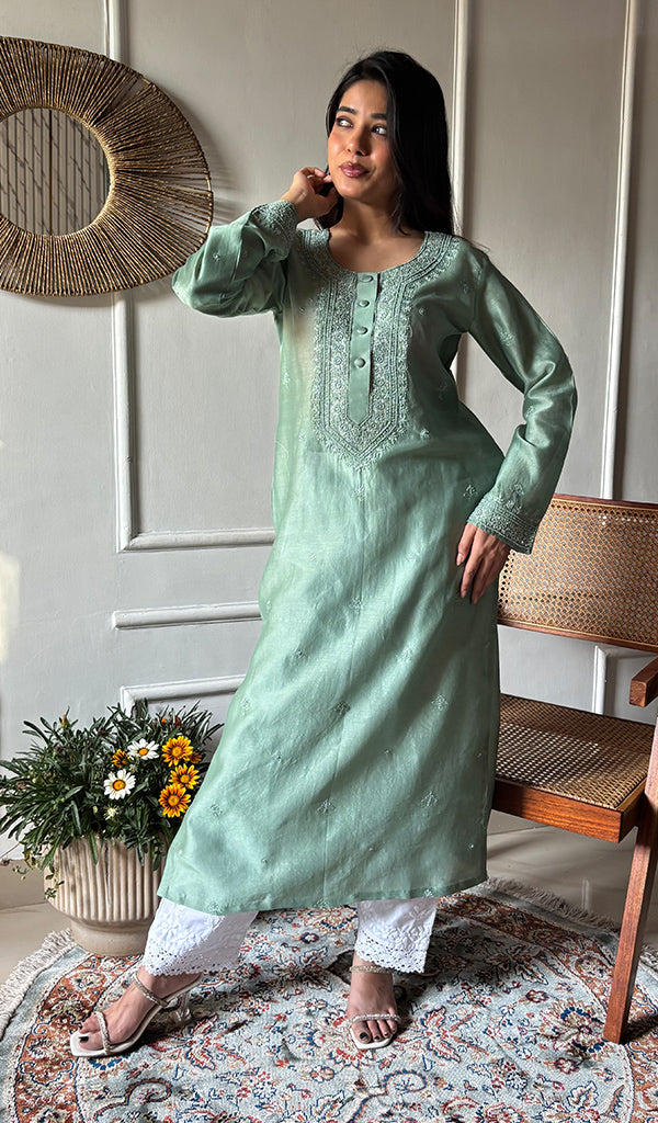 Ishita Women's Lucknowi Handcrafted Chanderi Silk Chikankari Kurti - HONC0340171